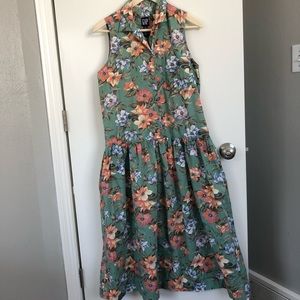 Green and floral midi button up dress